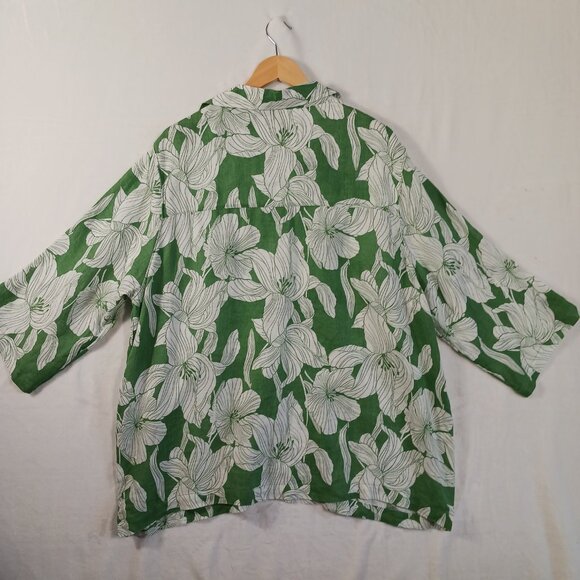 TAHARI,  1X, Linen, Green/White Floral Print Tunic Top, V Neck, Full Cut Beachy - Picture 4 of 14